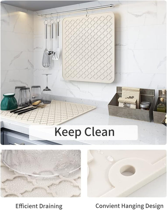 AMOAMI Dish Drying Mat,Heat-resistant,Easy Clean,Silicone Dish Drying Mats for kitchen Counter,Kitchen Gadgets Kitchen Accessories Kitchen Appliances (16" x 24", BEIGE)