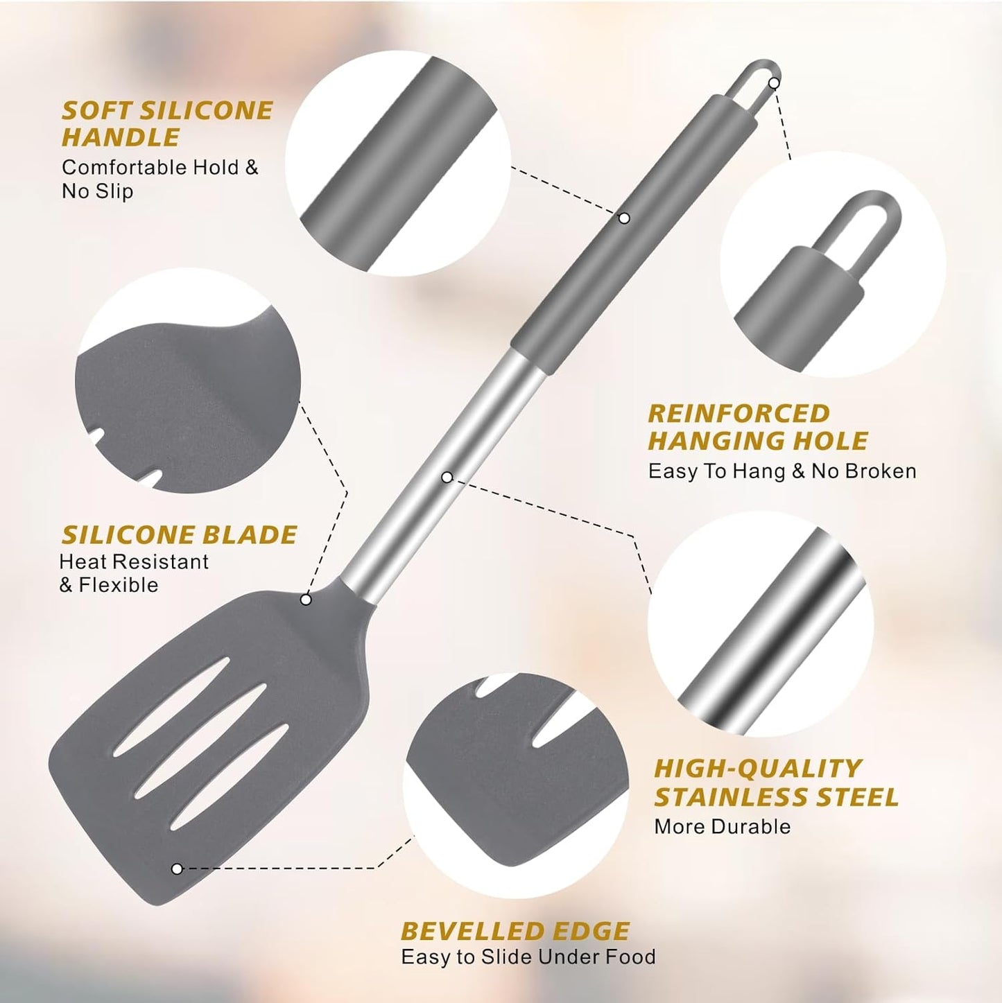 3Piece Silicone Spatula Set, Heat-Resistant, Non-Stick Kitchen Spatulas, BPA-Free, for Eggs, Pancakes, Fish, Woks, Includes Multifunctional shelf spoon pad (gray)