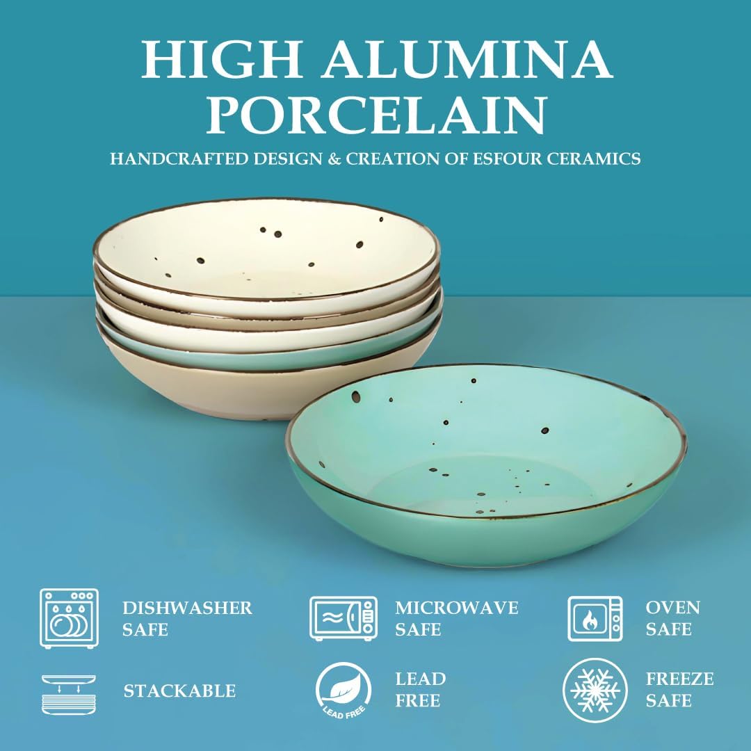 Esfour 8 Inch Porcelain Pasta Bowl, 23.6 Ounce Salad Bowls, Microwave & Dishwasher Safe, Sturdy & Stackable, Set of 6 Ceramic Bowl Plate Set, Wide Shallow Salad Bowls, Natural Assorted Colors