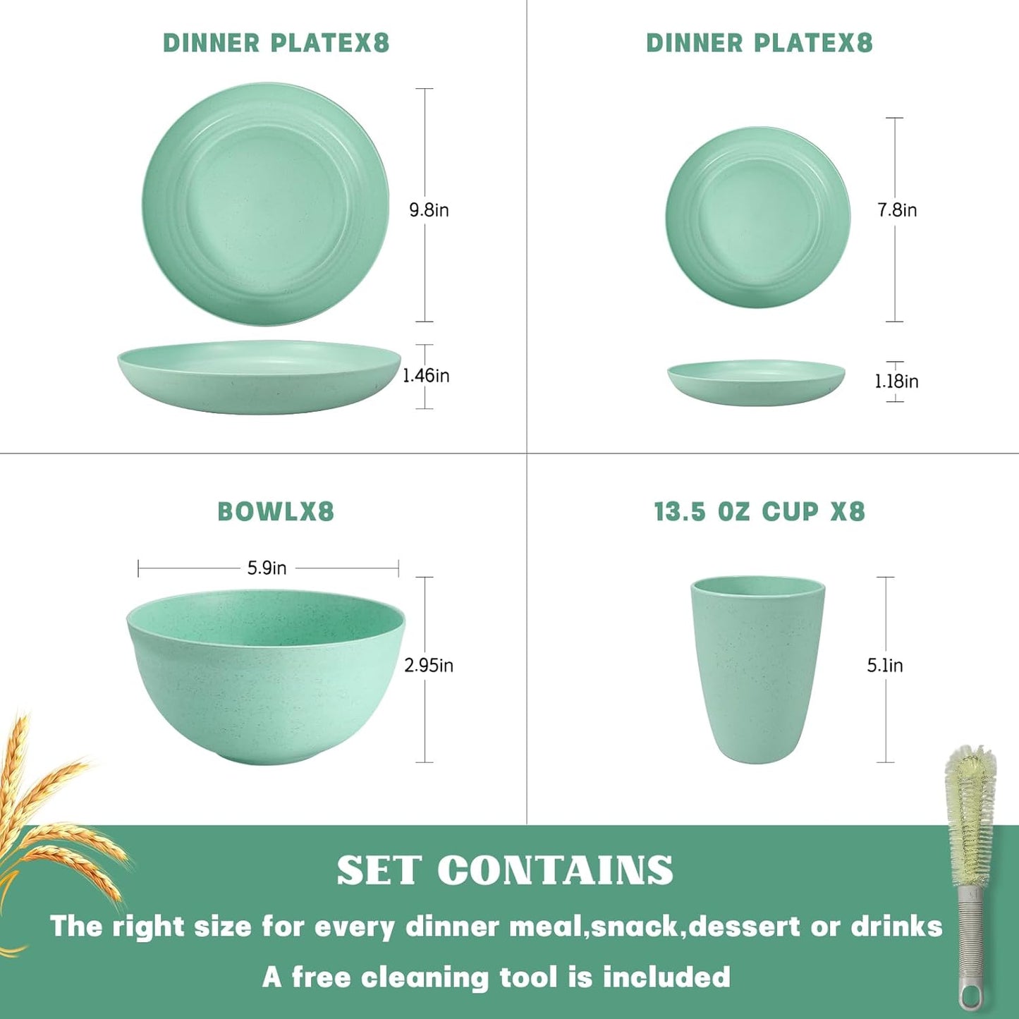 Kitchen Wheat Straw Dinnerware Sets (33pcs) Attached cleaning brush,Service For 8,Plastic Plates and Bowls Sets,Unbreakable Dinnerware,Lightweight Plastic Plate Set (Light green)