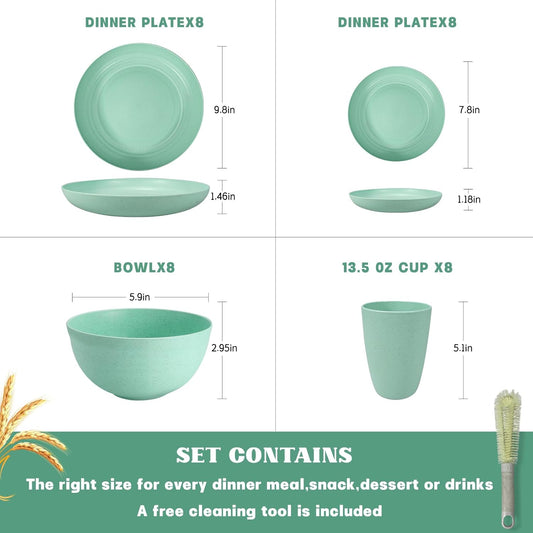 Kitchen Wheat Straw Dinnerware Sets (33pcs) Attached cleaning brush,Service For 8,Plastic Plates and Bowls Sets,Unbreakable Dinnerware,Lightweight Plastic Plate Set (Light green)