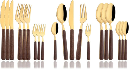 JASHII Wood Handle Flatware Set, 20 Pieces Stainless Steel Silverware Cutlery Set, Mirror Polished, Round Knife Fork Spoon Set, Dishwasher Safe - Round Head Gold