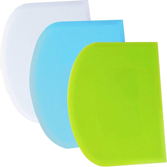 SURDOCA Dough Scraper Bench Scraper - 3P 8.3x5.5" Plastic Flexible Bowl Scraper, Sharp Edge & Angles Cake Scraper. Non-Slip Bakeware Decorating Tools Sculpting & Modeling Tools - Green+Blue+White
