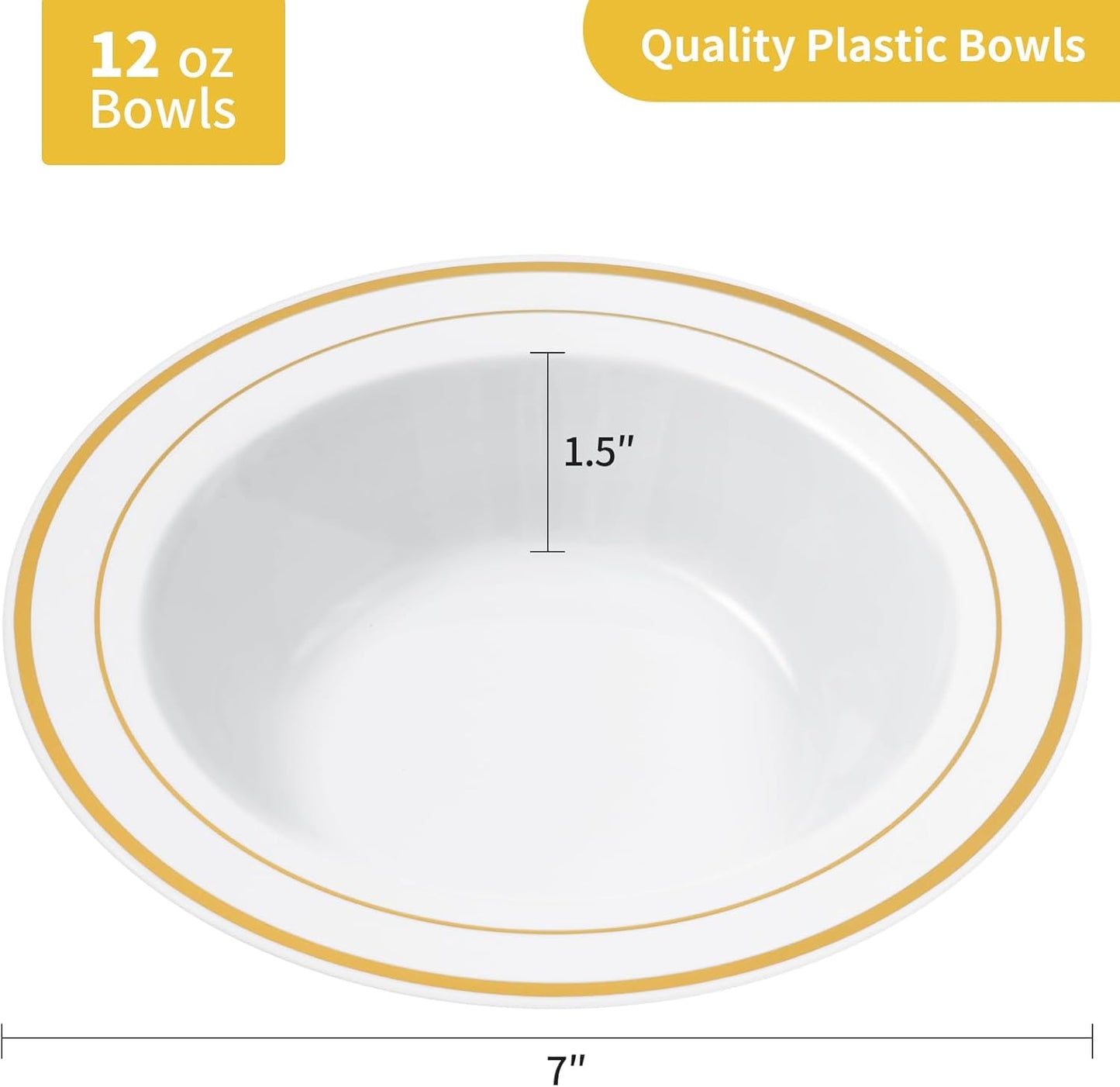 Goodluck 50 Pack Plastic Bowls with Gold Rim, 12oz Disposable Soup Bowls, Heavy Duty Dessert Bowls for Weddings, Parties, Dinners, Catering, Thanksgiving and Everyday Use