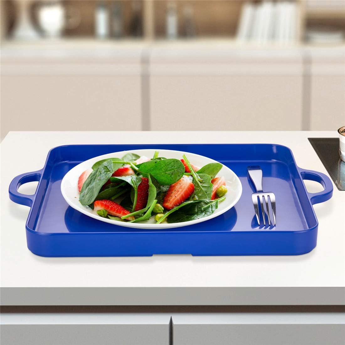 Square Serving Trays with Handles Melamine Dark Blue 12.5x12.5 Inch Spill Proof Kitchen Eating Trays Set of 2 for Cafeteria Cafe Food Appeizer Dessert Snack Dinner Lunch Breakfast,TR15-02