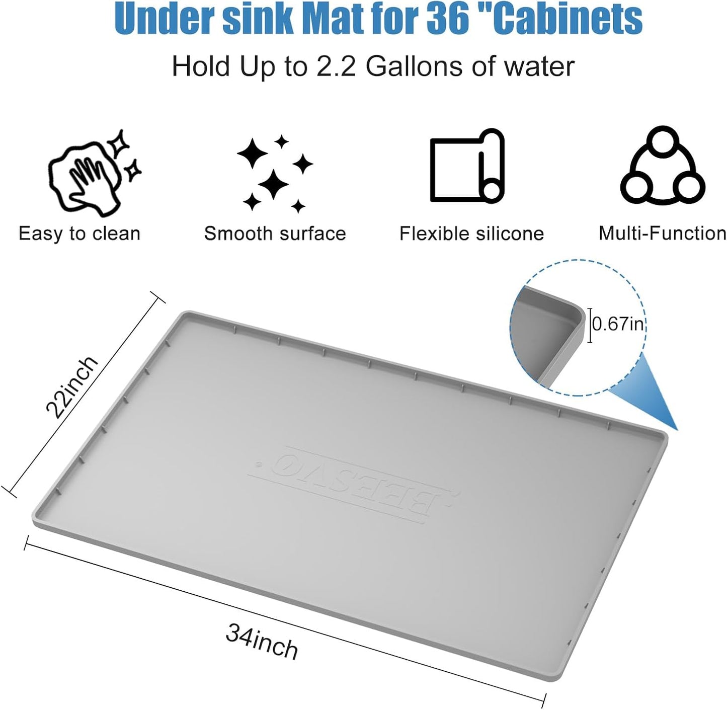Under Sink Mat for Kitchen Waterproof, 34" x 22" Silicone Under Sink Liner Kitchen & Bathroom Cabinet Protector Mats, Heavy Duty Flexible Under Sink Drip Tray with Lip, Cool Grey