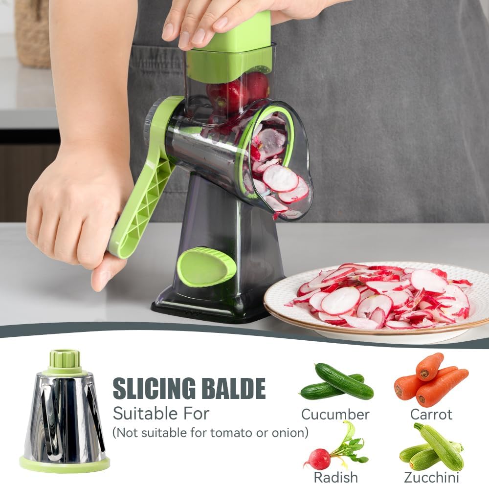 KEOUKE Rotary Cheese Grater Hand Crank Transparent - Shredder Slicer Grinder 3 Stainless Steel Blades, Stable Suction, Labor-Saving Handle, Safe Kitchen Tool for Cheese, Vegetable, Nuts, Chocolate