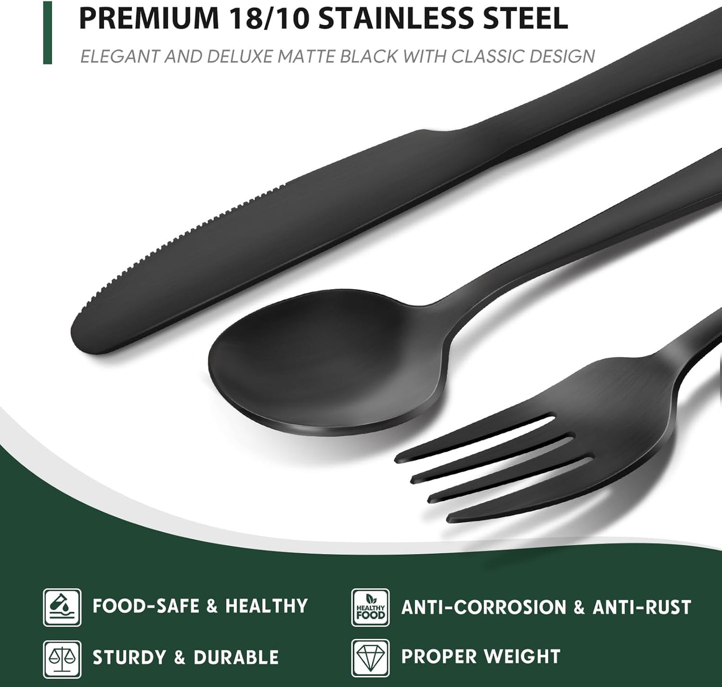 Hiware 48-Piece Matte Black Silverware Set with Steak Knives, Black Flatware Set for 8, Stainless Steel Tableware Cutlery Set, Utensil Sets for Kitchen