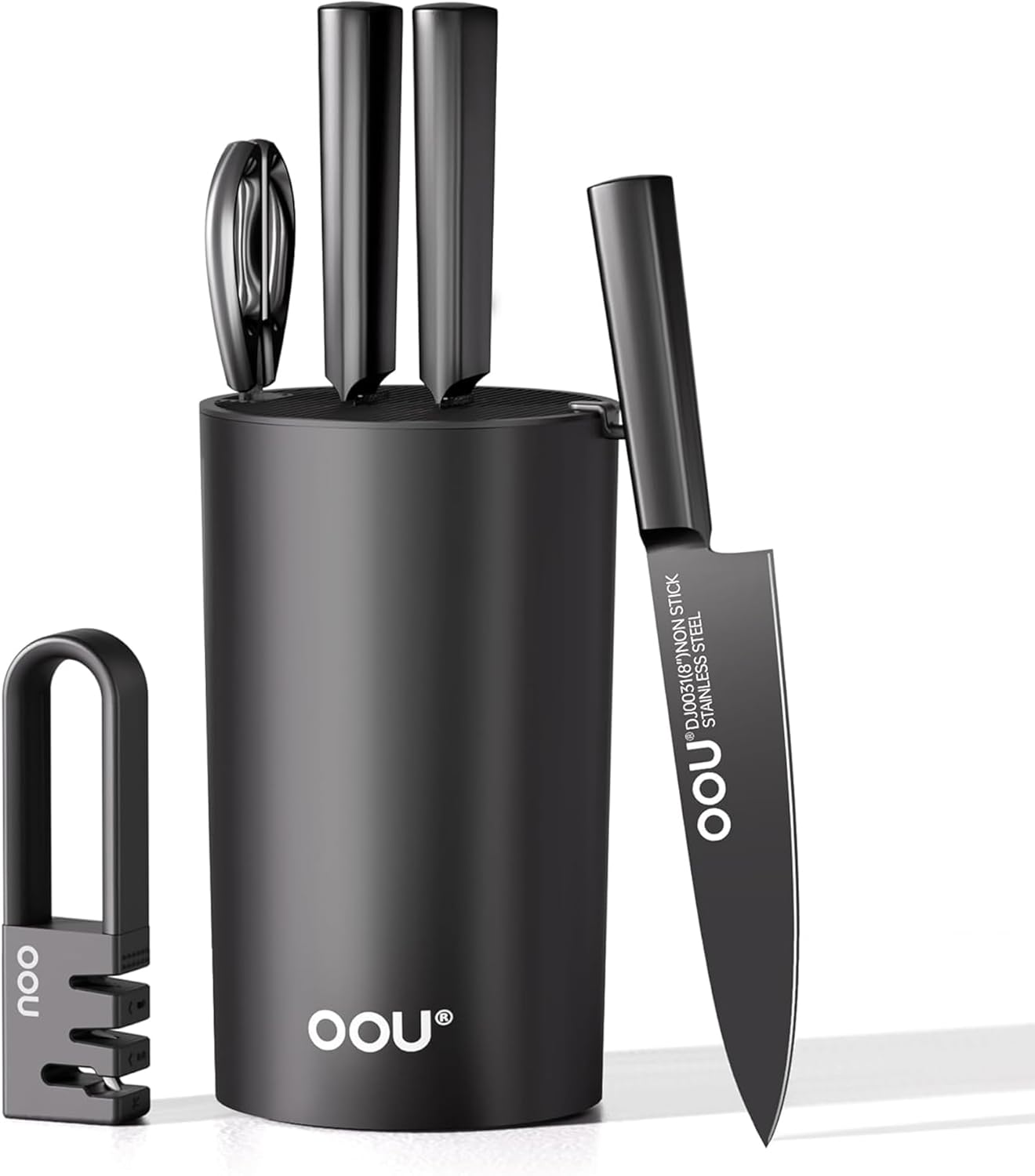 OOU Knife Set with Block and Sharpener, 6 Pcs High Carbon German Steel Kitchen Knife Block Set with Universal Knife Holder, Dishwasher Safe Knife Set for Small Kitchen, Space-Saving, Anti-Rust