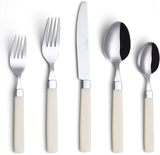 ANNOVA Silverware Set Stainless Steel Colorful Tableware Kitchen Flatware Set Utensils, Includes Dinner Knives, Forks, Spoons, Salad Forks & Dessert Spoons (Cream, 20 Pieces)