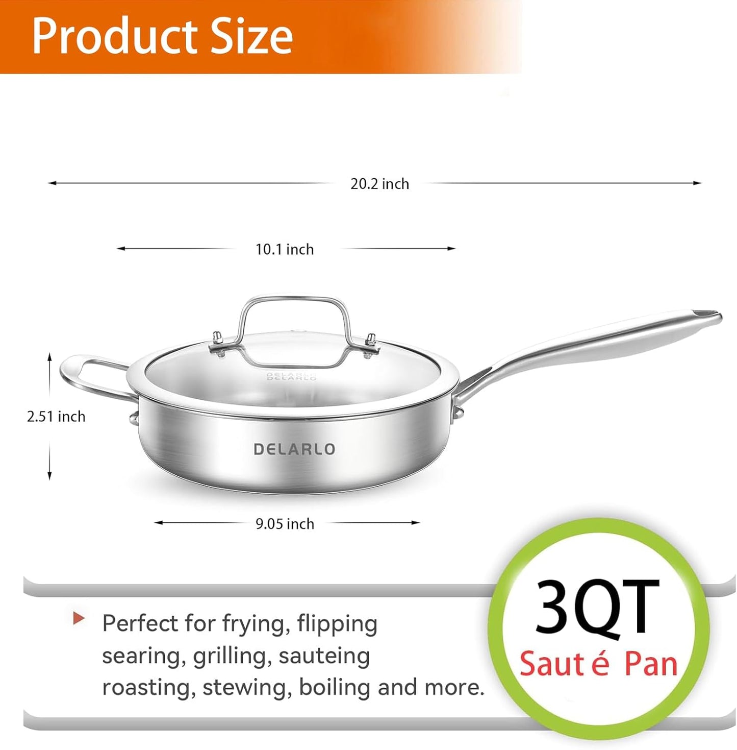 DELARLO Tri-Ply Stainless Steel 10 Inch Frying Pan,3 Quart Sauté Pan with lid,Compatible with All Cooktops,Oven Up to 660℉,Chicken Fryer,Dishwasher-Friendly