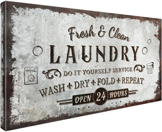 IPIC - Rustic Laundry Sign Wash Dry Fold Repeat, Canvas Print Wall Art for Family Laundry Room, Farmhouse Style Wall Decor For Home Decoration
