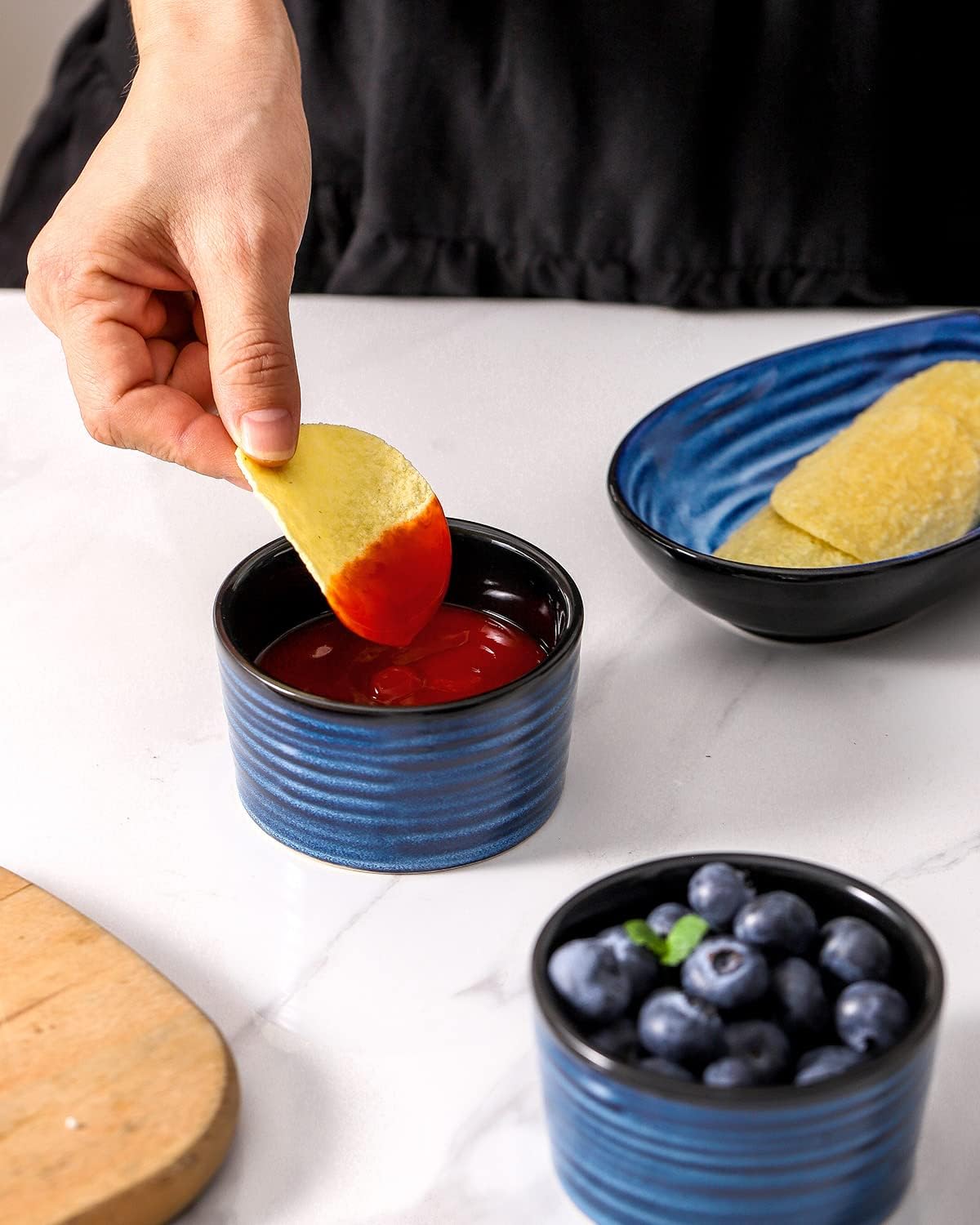 Hasense 6 oz Ramekins for Baking,Ceramic Souffle Dish Oven Safe Set of 6,Porcelain Dipping Sauce Bowls for Pudding, Creme Brulee, Souffle, Serving Dip, Custard, Ice Cream(Blue)