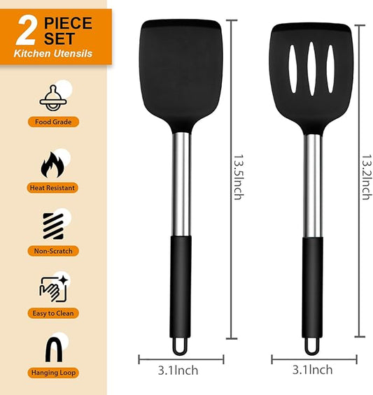 E-far Silicone Spatula Set of 2, Solid & Slotted Turner for Nonstick Cookware, Heat Resistant Rubber Kitchen Cooking Utensils for Flipping Fish Pancake Egg - Black