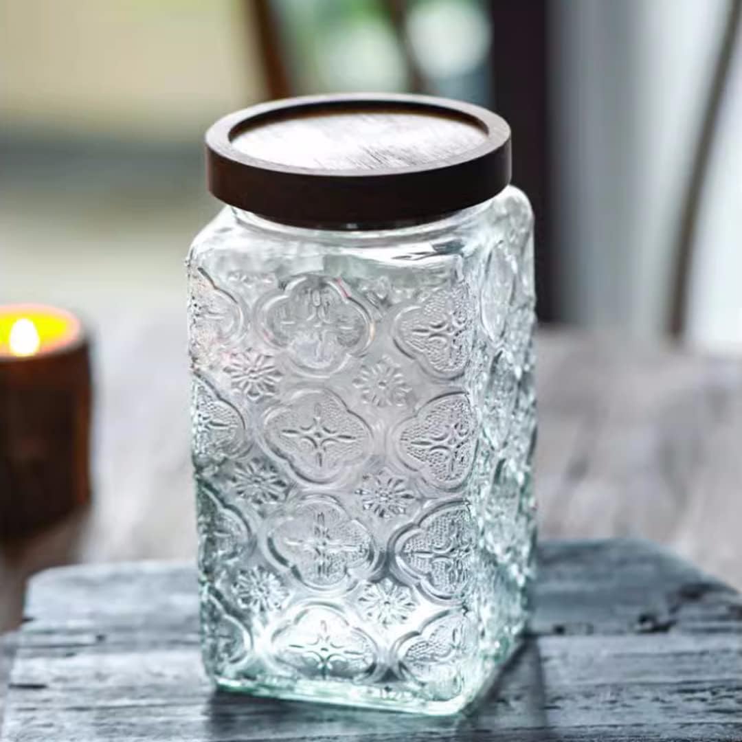 ANSQU Vintage Glass Storage Jar, 34 FL OZ Glass Food Storage Containers with Bamboo Wooden Lid, Airtight Cookie Jars for Kitchen Counter, Pantry, Cookie, Coffee, Tea, Sugar (Square Begonia)