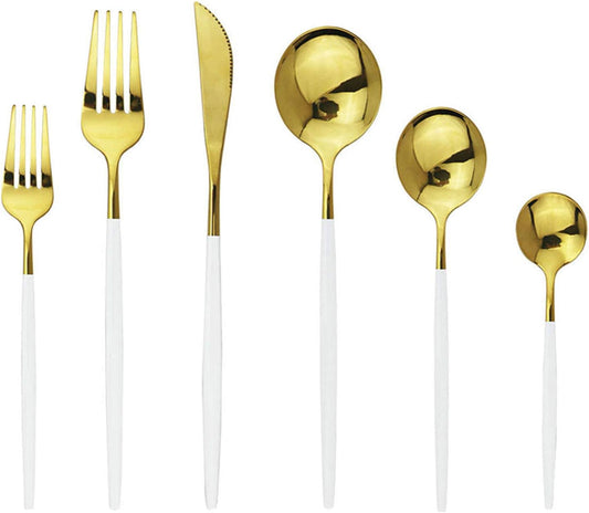 JASHII 18/10 Silver Silverware Set Stainless Steel Flatware Utensils Set Gold Cutlery Set| 24-Piece Modern Cubiertos Dorados| BEST Birthday Wedding Gift (4 sets, White Handle Gold Mirror Polish)