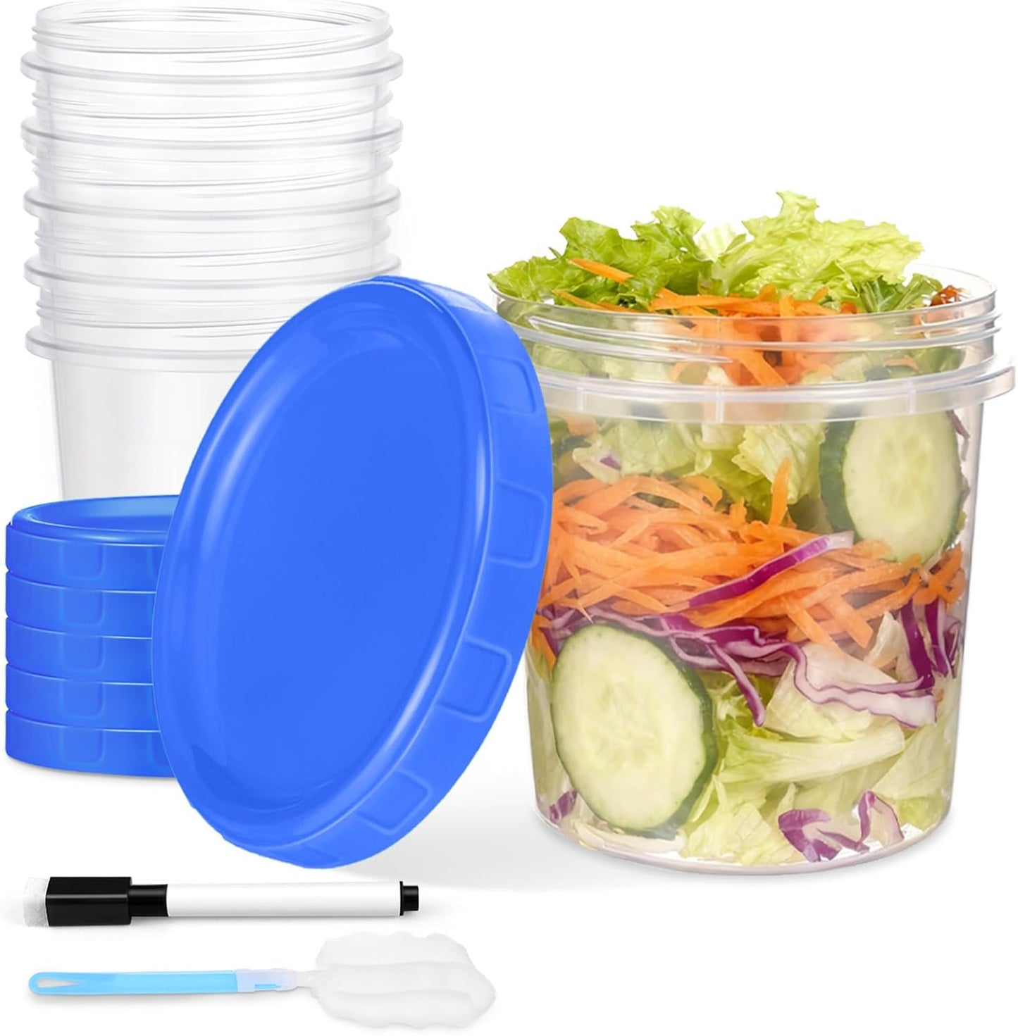 6 Pcs 16 oz Plastic Deli Containers with Screw Lids, Freezer Storage Containers Reusable 2 Cup Food Storage Container with Pen & Brush for Snack Salad Fruit, Microwave & Dishwasher Safe