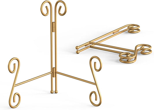 Gold Plate Stand, 8 Inch Decorative Holder for Displaying Platters, Heavy-Duty Metal Easel Stand for Picture, Photo Frame, Books and Round Objects, 2-Packs