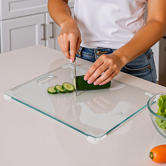 Tempered Glass Cutting Board Set, Large 16"x12" Glass Cutting Board for Kitchen with 4 Non-Slip Feet, Heat & Shatter Resistant Glass Cutting Board Dishwasher Safe, Perfect Kitchen Gift & Decor-Clear
