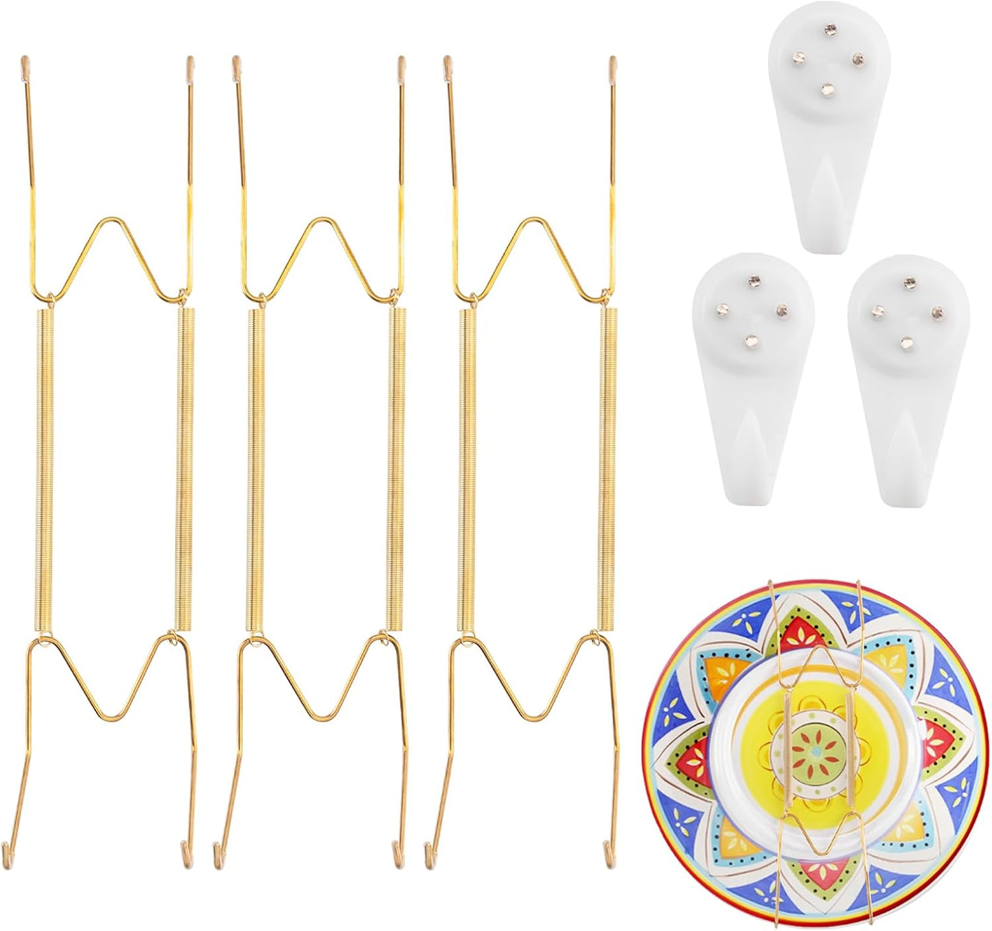 3 Pack Plate Hangers for The Wall Suitable for 10-14 inch Small Decorative Plate, Invisible Stainless Steel Plate Hangers for Display with Wall Hooks, for Plates/Platter/Dish/Picture(Gold)