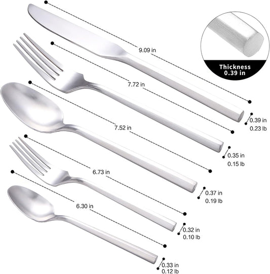 Matte Silverware Set Silver Flatware Set with Hexagon Handle 20 Pieces 18/0 Stainless Steel Cutlery Set Wedding Housewarming Gift Service for 4 (Matt silver)