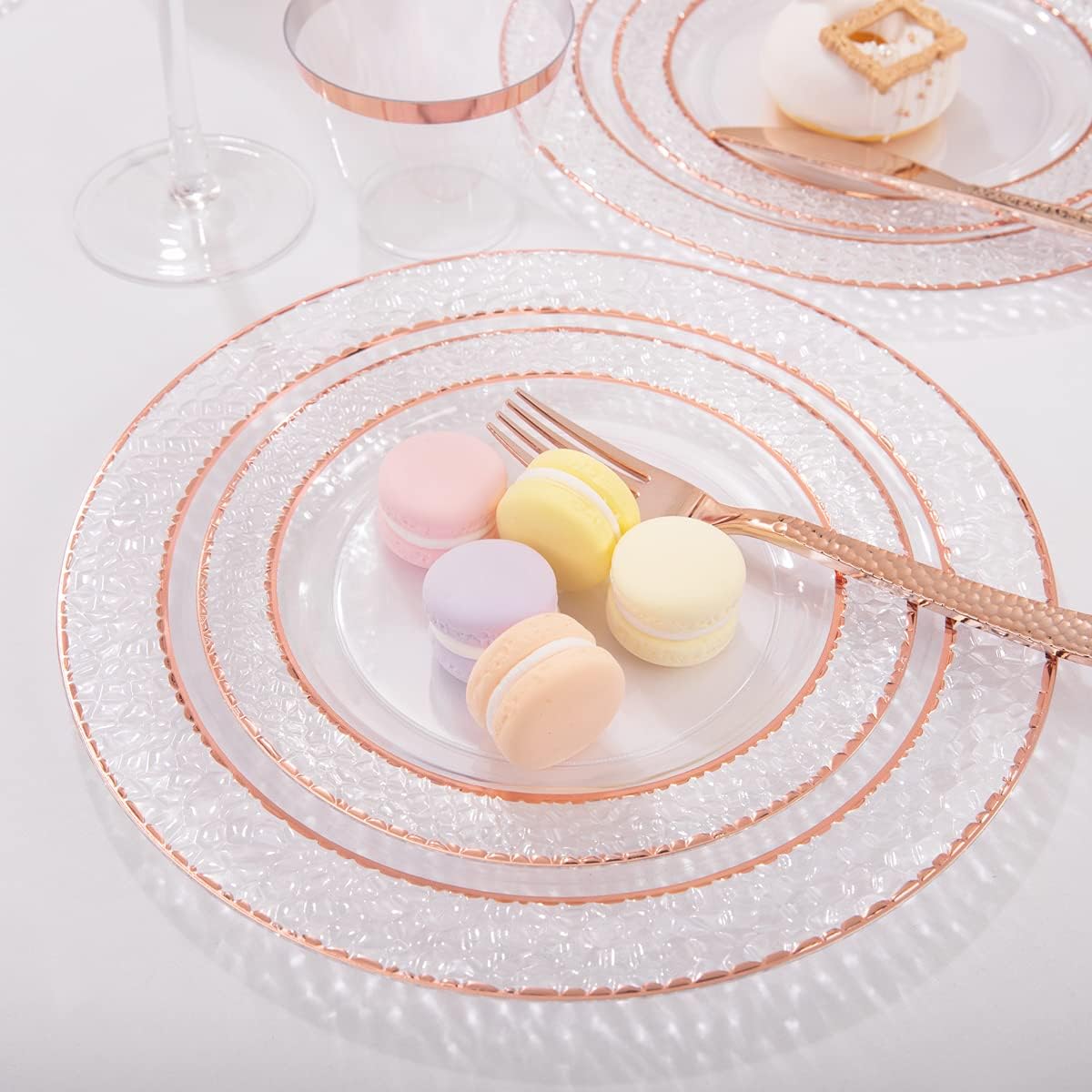 Ciaell 150PCS Rose Gold Plastic Plates – Disposable Plates with Rose Gold Plastic Silverware include 50Plates, 25Forks, 25Knives, 25Spoons, 25Cups for Wedding & Party