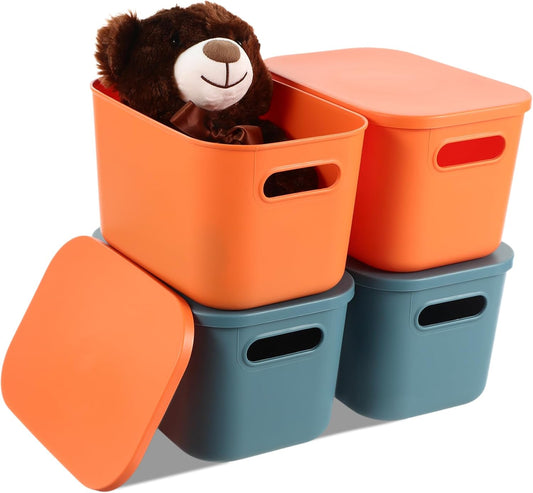 Hoolerry 8 Pieces Colorful Storage Bins with Lid, Plastic Storage Basket Organizing Container Stackable Box with Handle for Shelves Desktop Playroom Office(10.2 x 7 x 6.3 Inch,Blue and Orange)