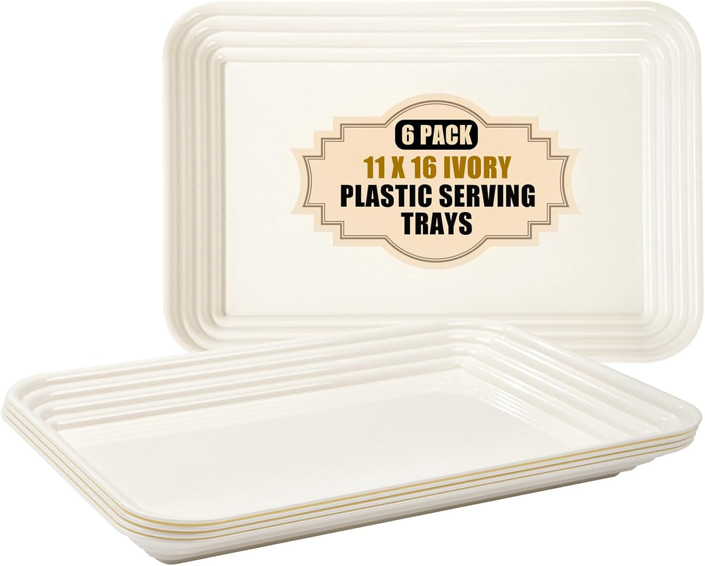 SUT 6-Pack Ivory Serving Trays for Entertaining-16 x 11" Serving Platters for Snacks, Fruit, Cookies, Dessert, Reusable Plastic Trays for Serving Food and Party Organization in Kitchen & for Parties