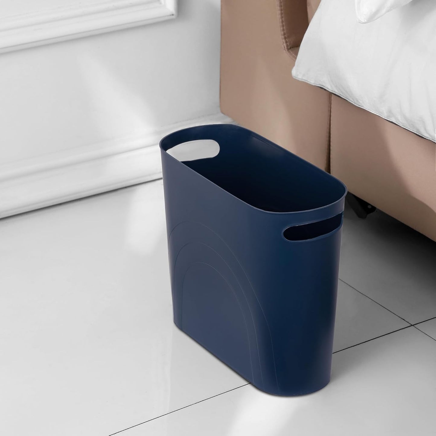 rejomiik Small Trash Can, 3.5 Gallon Slim Garbage Can Plastic Waste Basket with Handles Container Bin for Narrow Spaces Bathroom, Bedroom, Kitchen, Office at Home, Navy