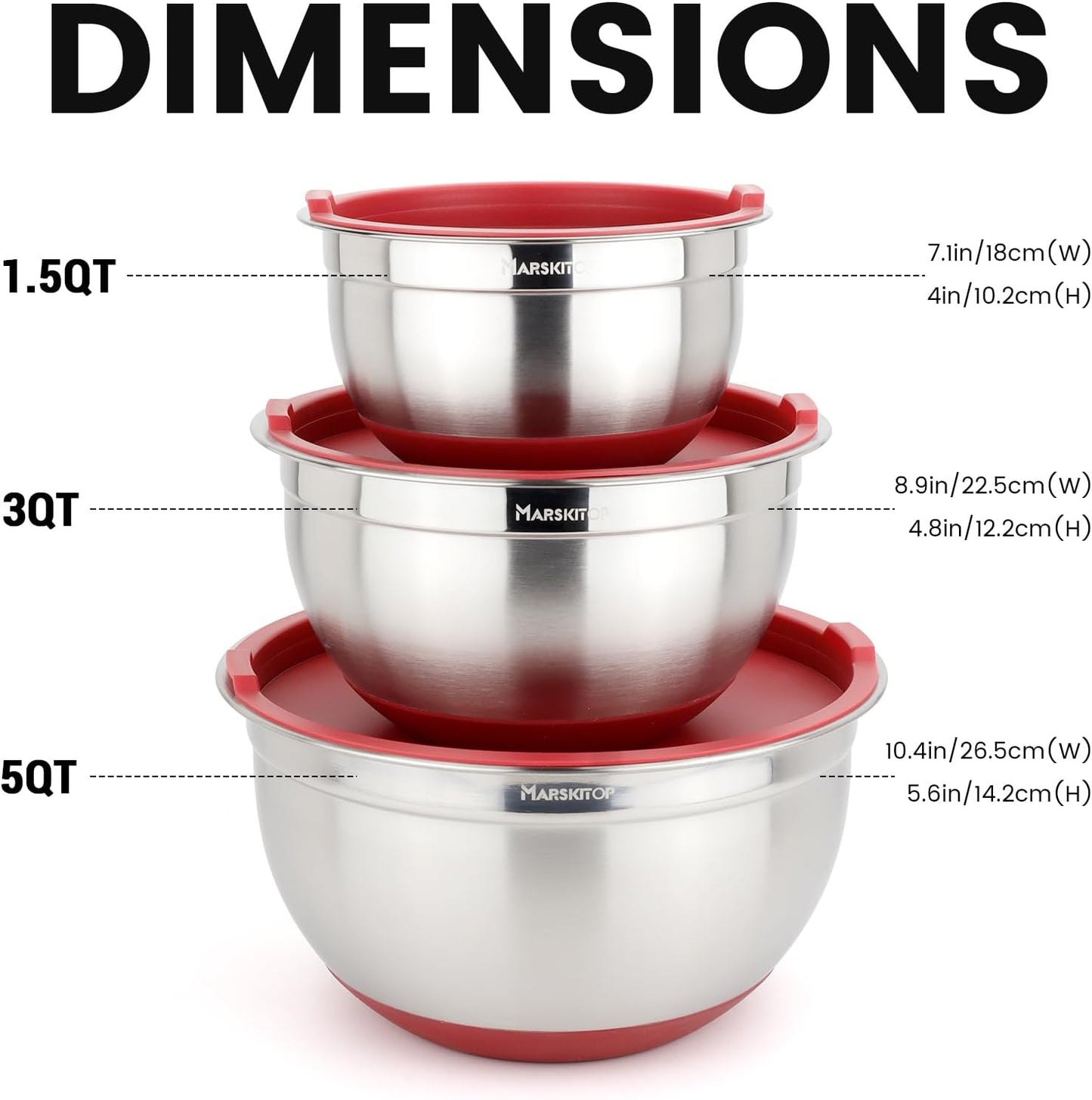 MARSKITOP Stainless Steel Mixing Bowls with Lids Set, Nesting Mixing Bowls with Airtight Lids, Measurement Marks and Red Non-Slip Bottoms, Great for Mixing and Serving, 1.5QT & 3QT & 5QT