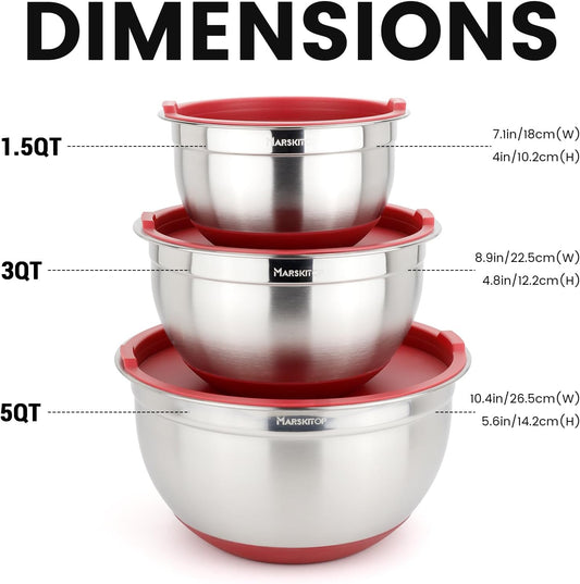 MARSKITOP Stainless Steel Mixing Bowls with Lids Set, Nesting Mixing Bowls with Airtight Lids, Measurement Marks and Red Non-Slip Bottoms, Great for Mixing and Serving, 1.5QT & 3QT & 5QT
