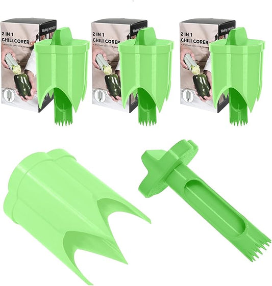 Pepper Corer, 2 in 1 Red Bell Pepper Seed Corer Remover Tool, Fruit & Vegetable Corers Quick Cave Tools for Jalapeno Cutter Deseeder, Bright Green, 3 PCS