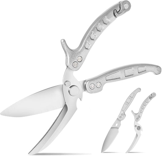 Heavy Duty Kitchen Shears, Detachable Poultry Shears with Serrated Edge, Spring-Loaded Stainless Steel Chef Scissors Cutting Bone, Chicken, Fish, Food, Meat, Silver Full Steel Handle