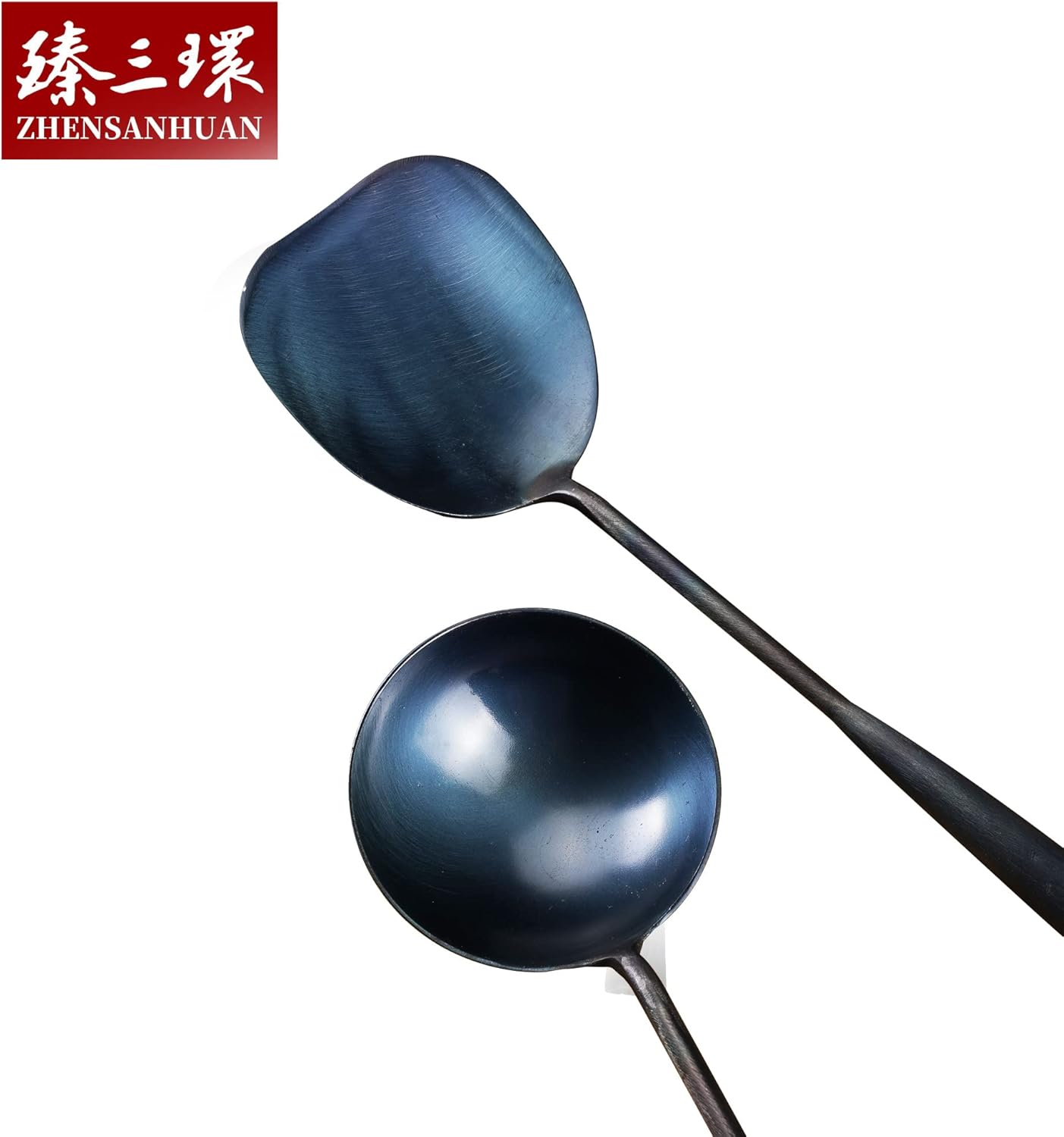 ZhenSanHuan Chinese Traditional HandMade Iron Spatula & Ladle Wok Tool Set,Long wok utensils (Ladle and Spatula Set, 32CM/12.6'')