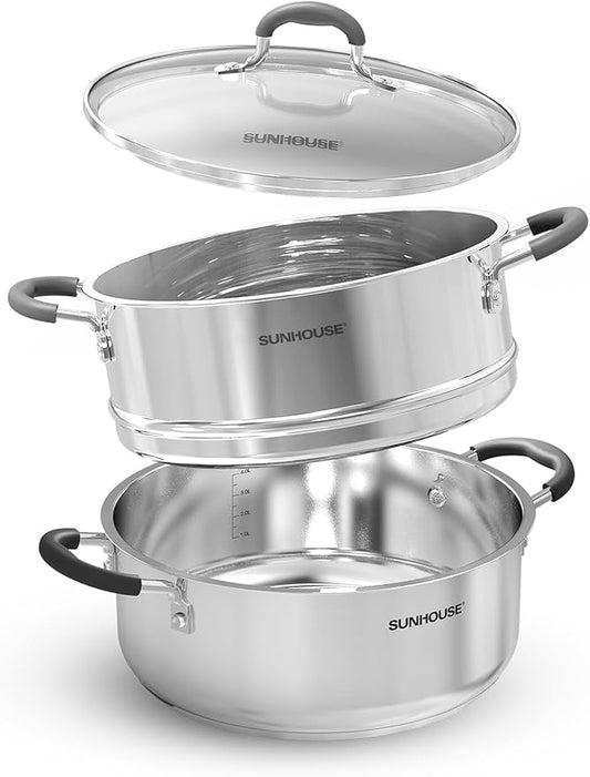 SUNHOUSE - 4.6 Quart Steamer Pots With Lid 2-Tier Multipurpose Stainless Steel Steaming Pot Cookware With Handle For Vegetable, Dumpling, Sauce, Food - Triple Bottom, Measurement Line