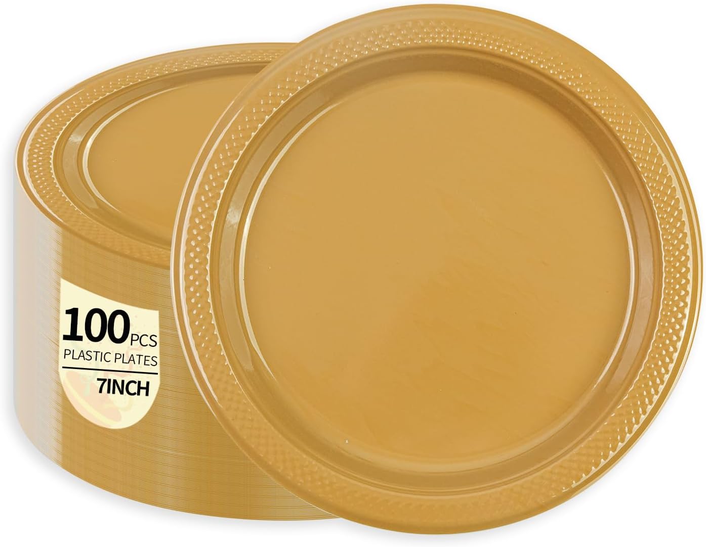 100pcs 7 Inch Elegant Gold Plastic Plates Disposable Dessert Plates - Heavy Duty Gold Dinner Plates for Birthday, Wedding,Valentines Party Supplies