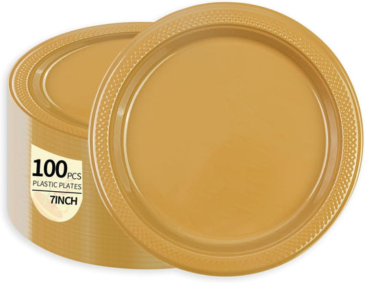 100pcs 7 Inch Elegant Gold Plastic Plates Disposable Dessert Plates - Heavy Duty Gold Dinner Plates for Birthday, Wedding,Valentines Party Supplies