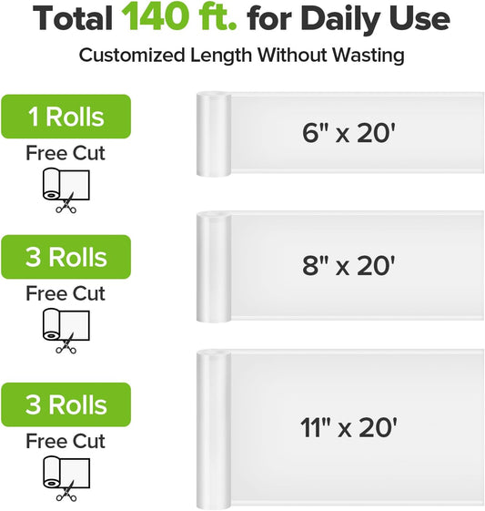 Vacuum Sealer Bags for Food, 7 Pack - 8" x 20' (3 Rolls) + 11"x 20' (3 Rolls) + 6"x 20' (1 Roll), BPA-Free Commercial Grade Embossed Customized Size Bags for Food Storage, Meal Prep, Sous Vide