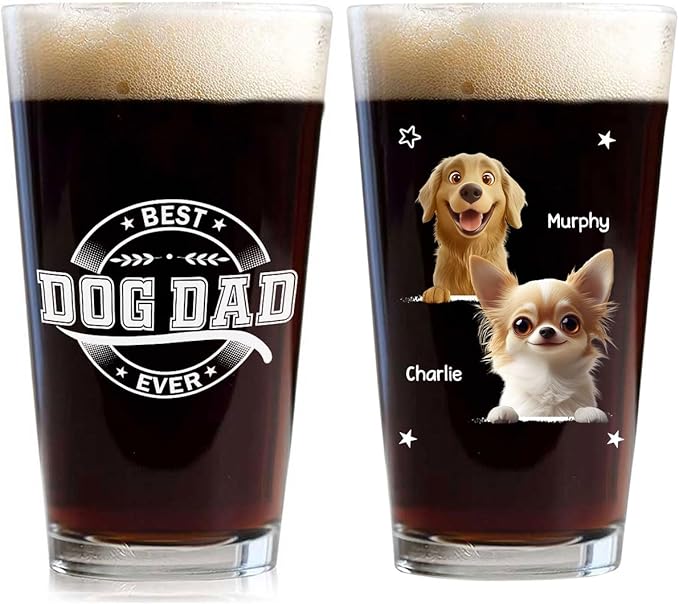 Wrappiness Best Mom Dad Logo Personalized Custom Beer Glass - 16oz Glassware for Beer Soda Cocktails - Gift for Dog Lovers, Father's Day, Birthday Gift for Parents (B01, 2 Dogs)