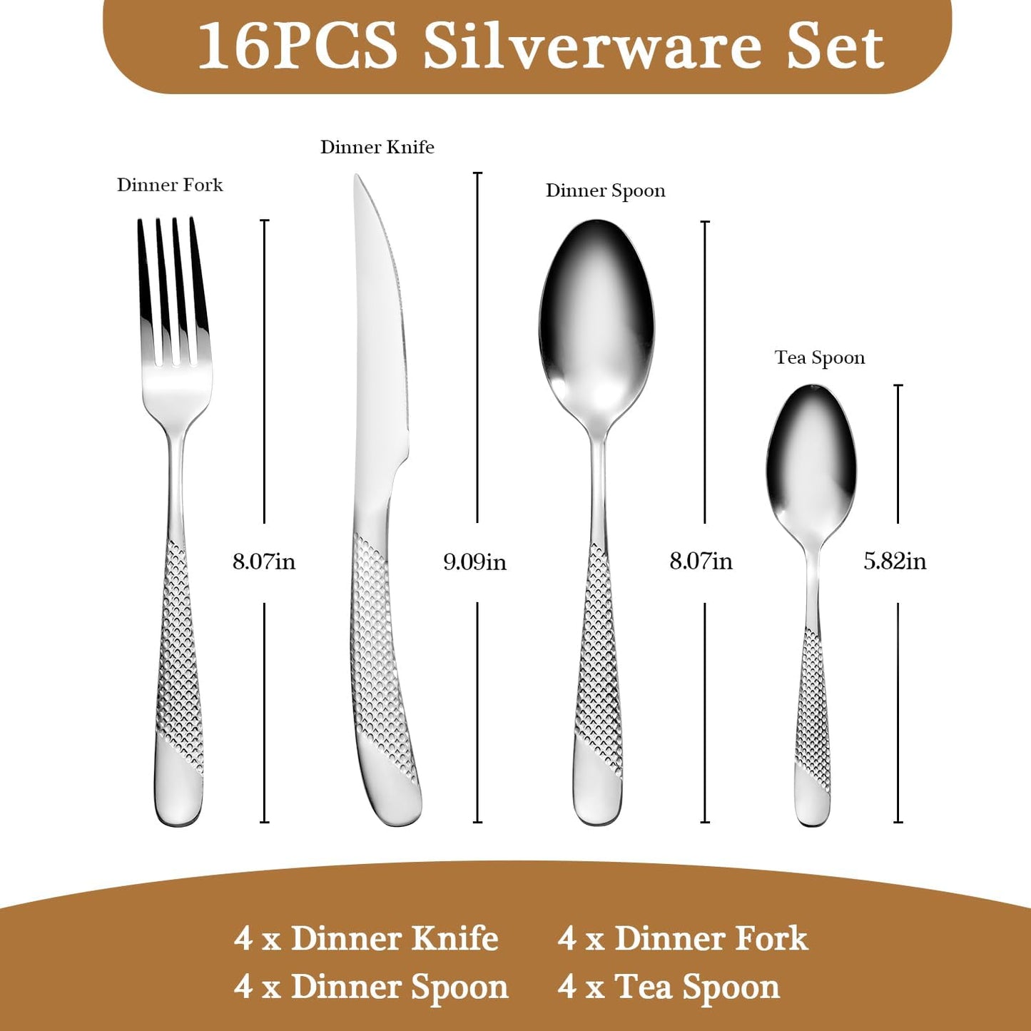 16 Piece Hammered Silverware Set for 4, Premium Food-grade Stainless Steel Flatware Set, Modern Design & Mirror Polished Cutlery Set, Eating Utensil Set Include Fork Knife Spoon Set, Dishwasher Safe