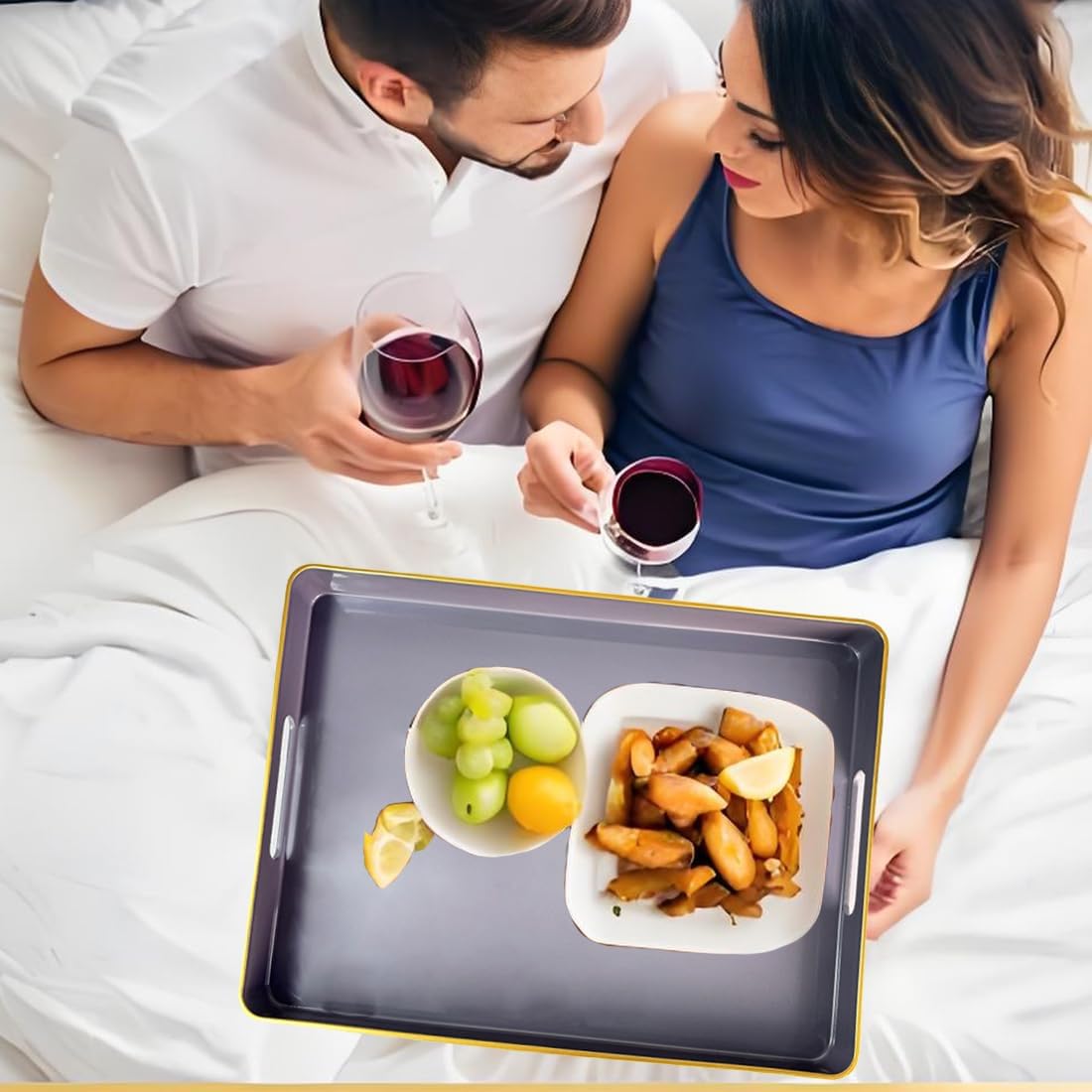 Large Grey Coffee Table Tray, Decorative Serving Tray with Handles, Plastic Rectangular Tray for Ottoman, Bathroom, Living Room. 16.7"*12"*1.6"