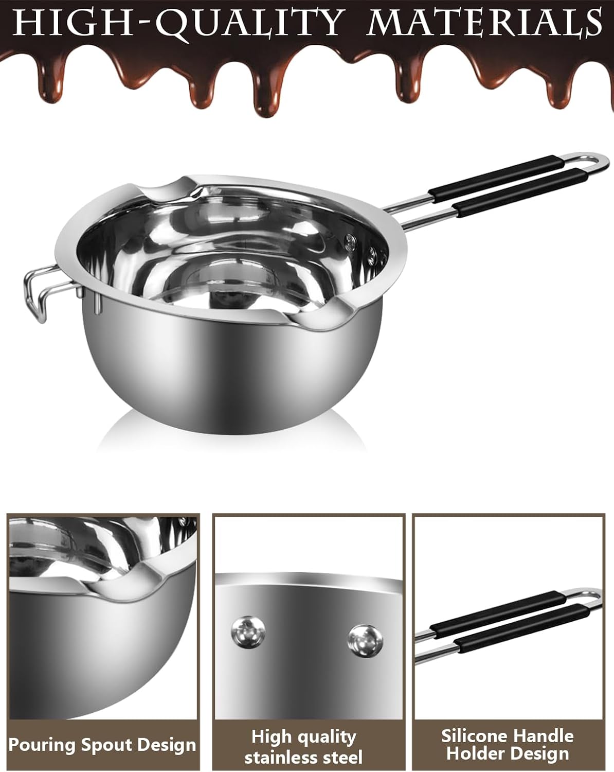 Artcome 304 Stainless Steel Melting Pot Set with Dual-Handles, Silicone Spatula & Spoon, 2600ml Pot & 1200ml Melting Bowl, Heat-Resistant Silicone Handles, Perfect for Melting Chocolate, Butter