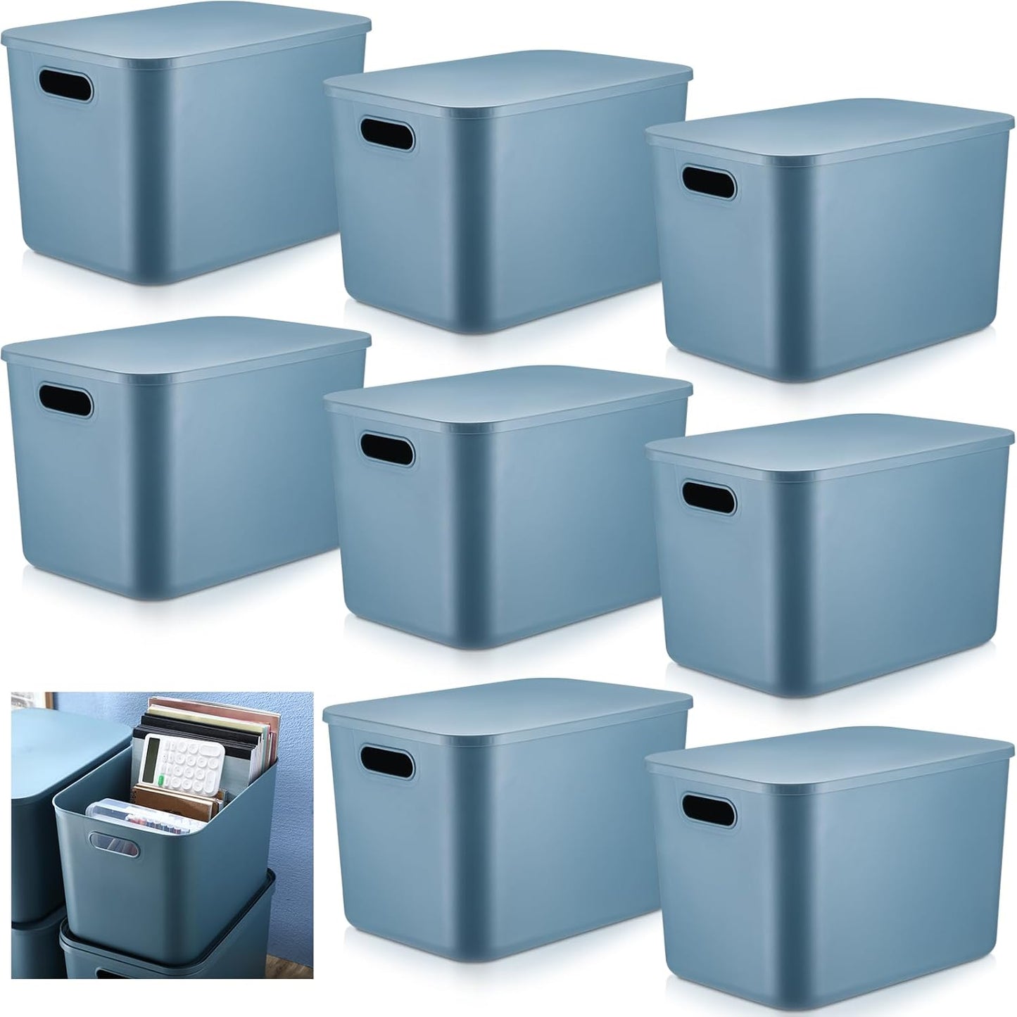 Hoolerry 8 Pieces Colorful Storage Bins with Lid, Plastic Storage Basket Organizing Container Stackable Box with Handle for Shelves Desktop Playroom Office(14.2 x 10.2 x 9.5 Inch,Blue)