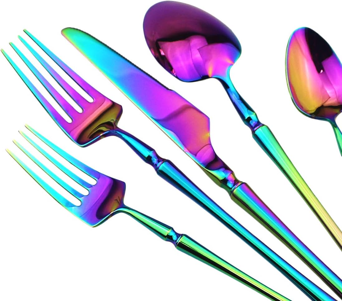 Gugrida Rainbow Silverware Set, 5-Piece 18/10 Stainless Steel Flatware Cutlery Set for 1,Mirror Finish, Ideal for Wedding Festival Party Home Kitchen, Dishwasher Safe