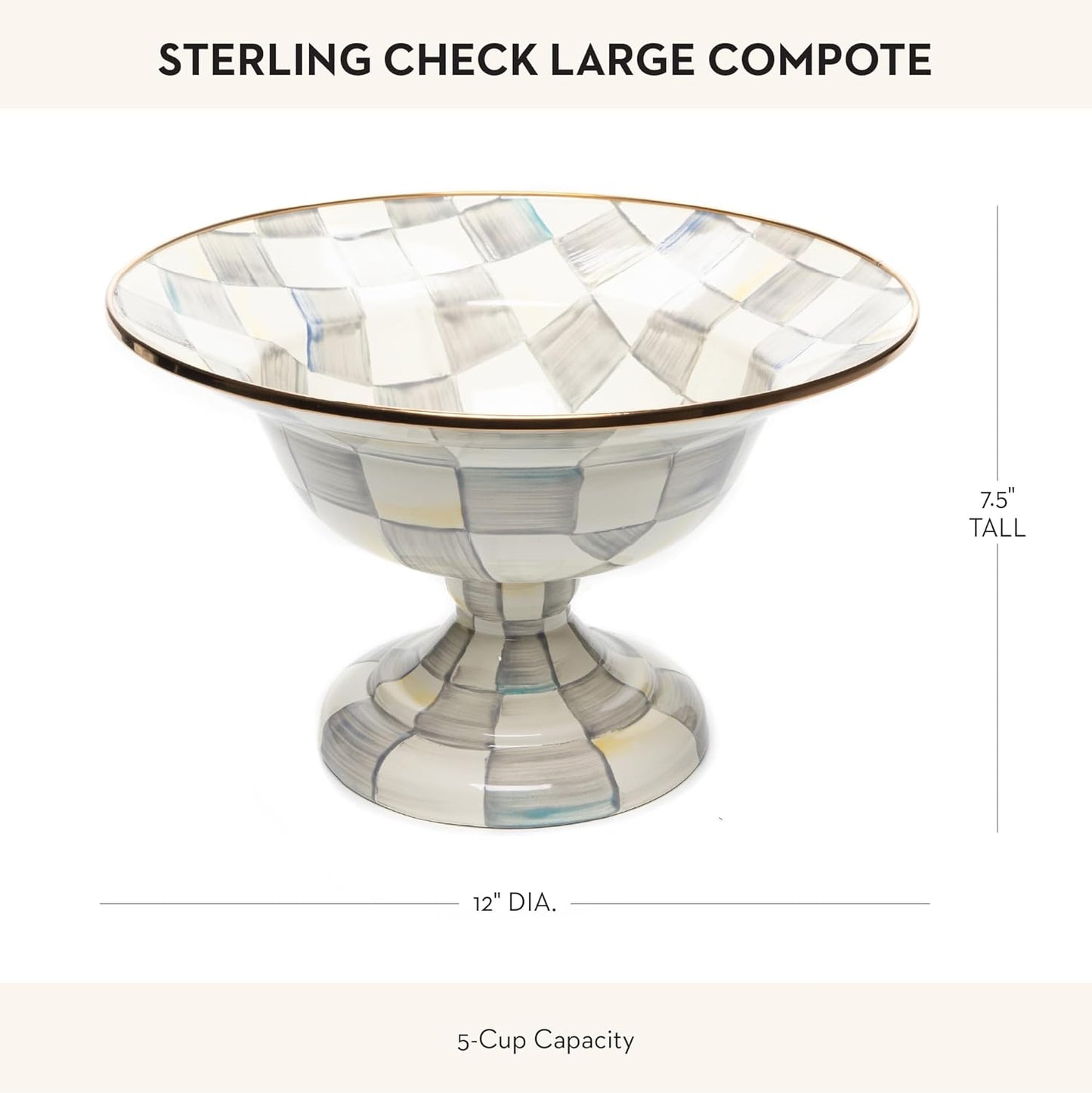 MACKENZIE-CHILDS Enamel Compote, Cute Enamel Pedestal Serving Dish or Decorative Bowl, Large, Gray-and-White Sterling Check