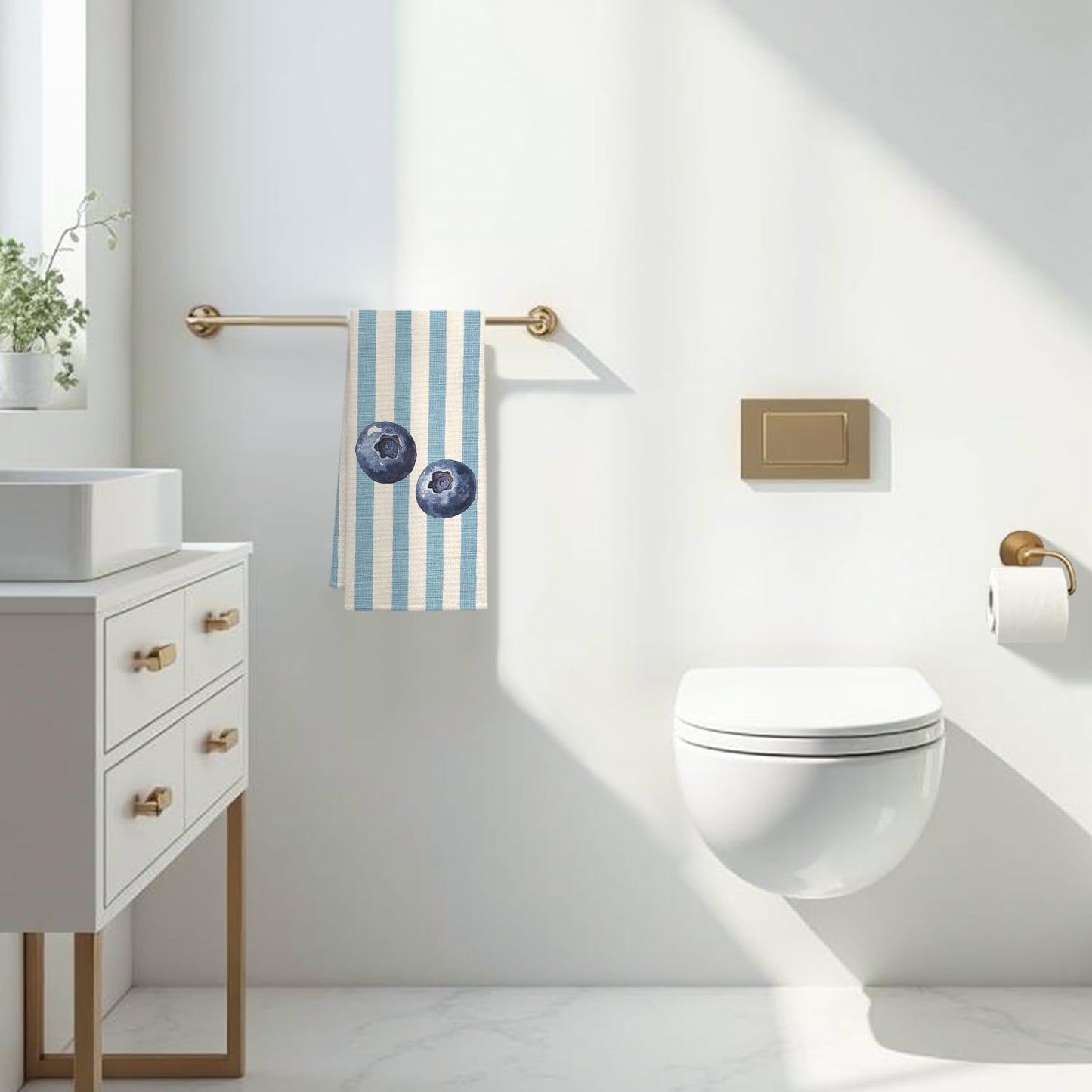 Blueberry Decor Kitchen Towels, Blue and White Striped Summer Blueberry Dish Tea Towel for Kitchen Decor, Fruit Lover Gifts Decorative Hand Towels for Bathroom, 16x24 Inch