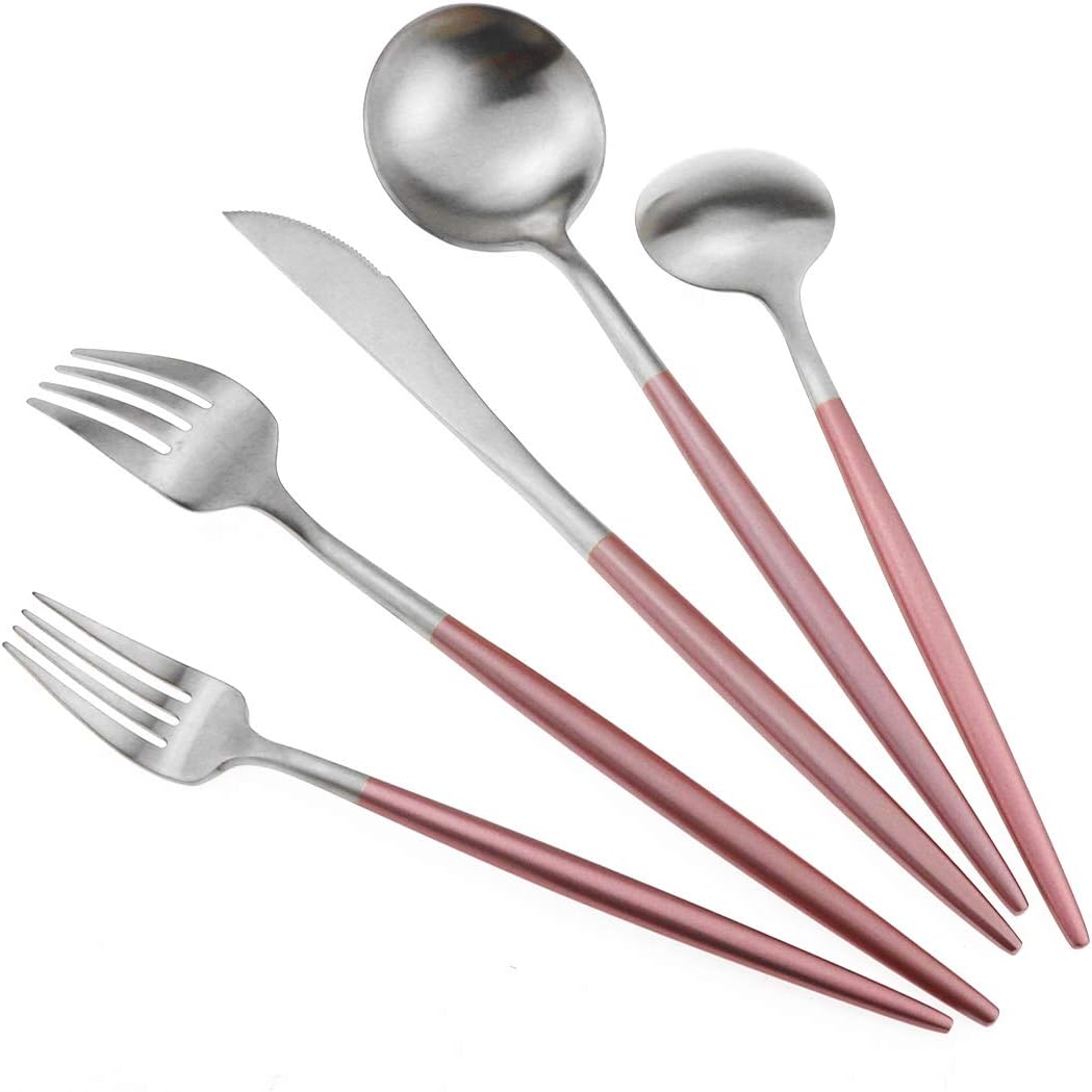 Gugrida Luxury Flatware, Royal 5 Piece Matte Pink Handle 18/10 Stainless Steel Tableware Sets for 1 Including Forks Spoons Knives, Camping Silverware Travel Utensils Set Cutlery (Pink Silver)