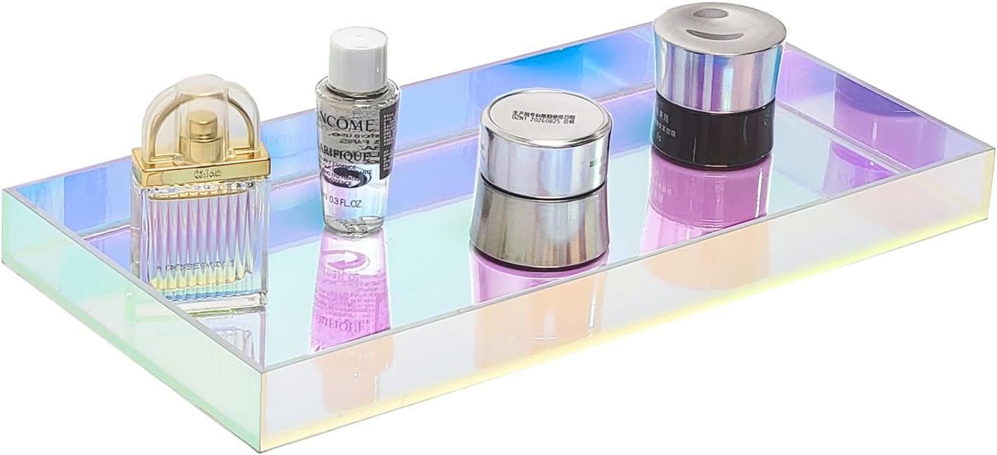 ROYALITA Acrylic Tray Bathroom Tray for Countertop, Guest Towel Holder Tray for Napkin Perfume Jewelry Makeup, Vanity Trays for Soap Dispenser, Aromatherapy, Cup & Candle, Iridescent