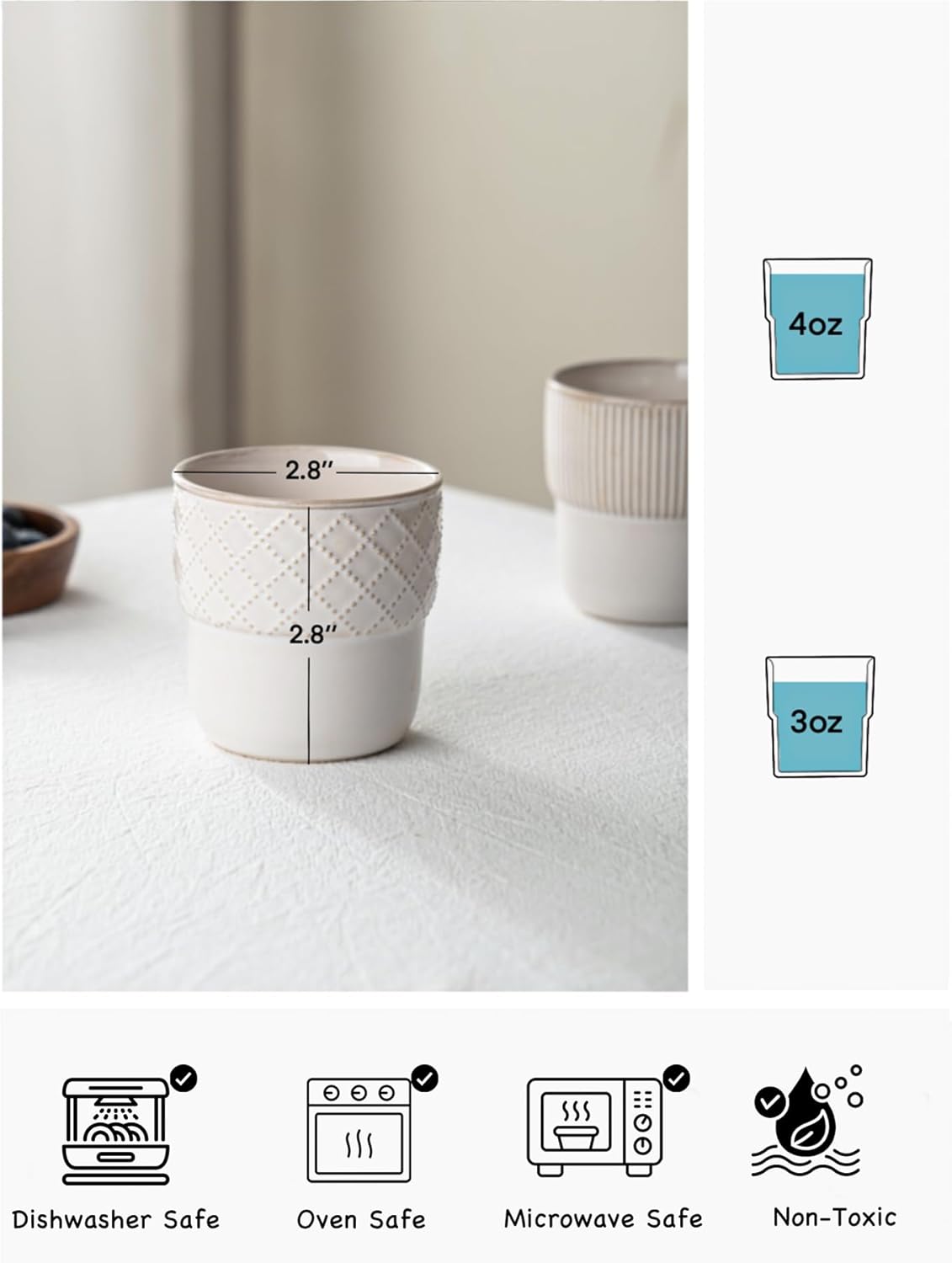 Espresso Cups Set of 2, 4oz Espresso Shot Cups, Mini Coffee Mugs Farmhouse Decor, Demitasse Cup Perfect for Coffee Maker, Microwave and Dishwasher Safe, (Embossed Stripes+Checks