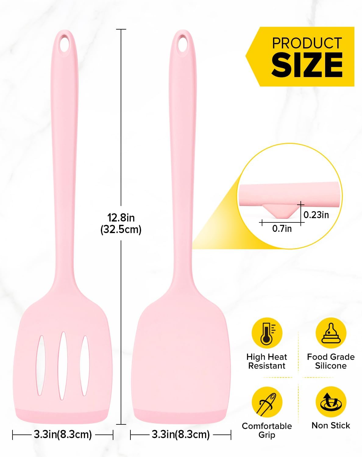 Pack of 2 Silicone Spatula Turners, Non Stick Slotted Kitchen Spatula Set, Heat Resistant BPA Free Kitchen Utensils, One-Piece Design, Suitable for Flipping Fish, Eggs, Steak, Pancakes (PINK)